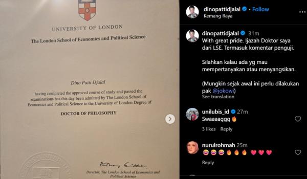 Ijazah Dino Patti Djalal Mantan Wamenlu Dino Patti Djalal mengunggah ijazah Doktor miliknya di Instagram sambil me-mention akun Jokowi. (Foto: @dinopattidjalal/Instagram)