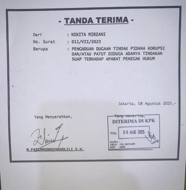 Laporan Nikita ke KPK Bukti laporan Nikita Mirzani ke KPK. (Foto: Instagram)