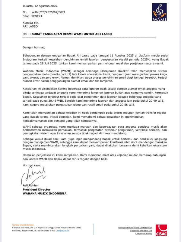Surat WAMI untuk Ari Lasso Surat WAMI untuk Ari Lasso. (Foto: Instagram)