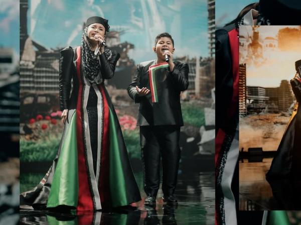 Artis Rossa Penyanyi Rossa kenakan dress bernuansa bendera Palestina rancangan Ivan Gunawan. (Foto: Instagram)