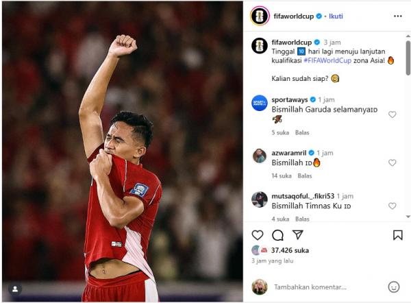 Akun resmi Piala Dunia, @fifaworldcup, menampilkan foto pemain Garuda untuk menyambut dimulainya putaran keempat Kualifikasi Piala Dunia 2026. (Foto: IG @fifaworldcup)