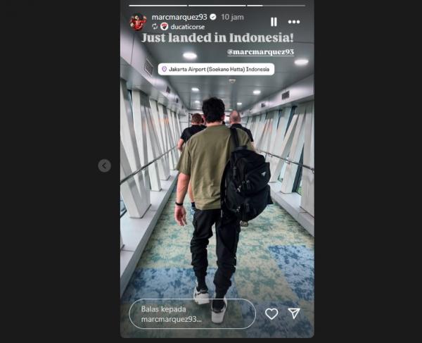 Marc Marquez mengunggah kedatangannya ke Indonesia Marc Marquez mengunggah kedatangannya ke Indonesia di Insta Story pribadinya, Senin (29/9/2025). (Foto: IG @marcmarquez93)
