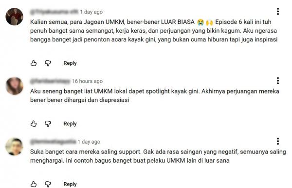 Komentar positif di YouTube Komentar positif di YouTube dari para netizen terhadap kompetisi Shopee Jagoan UMKM Naik Kelas. (Foto: dok ist)