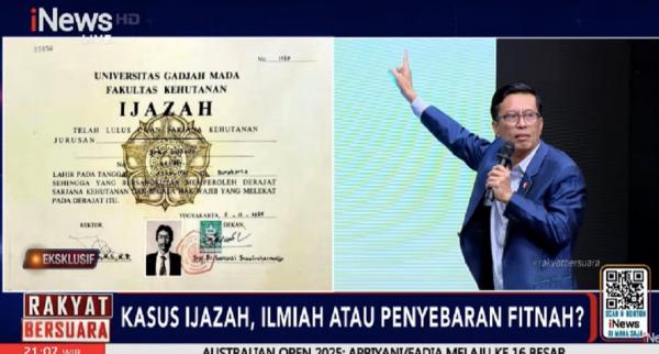 Andi Azwan Tampilkan Ijazah Jokowi Ketua Umum Jokowi Mania (Joman), Andi Azwan menampilkan ijazah asli Presiden ke-7 RI, Joko Widodo (Jokowi) dalam program Rakyat Bersuara. (Foto: Tangkapan Layar)