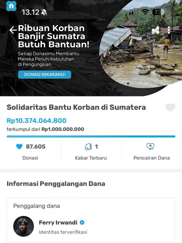 Open donasi Ferry Irwandi Open donasi Ferry Irwandi untuk korban banjir Sumatera tembus Rp10,3 miliar. (Foto: Instagram)
