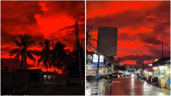 Fenomena alam langit merah darah Fenomena alam langit merah darah terjadi di kawasan Pantai Panimbang, Kabupaten Pandeglang, Banten. (Foto: TikTok)