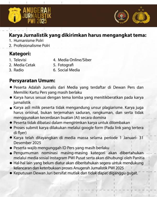 Syarat dan cara pengiriman karya AJP Award 2025 Syarat dan cara pengiriman karya AJP Award 2025 (dok. PWI)