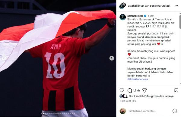 Atta Halilintar memberi bonus untuk Timnas Futsal Indonesia usai finis runner up Piala Asia Futsal 2026. (Foto: IG @attahalilintar)