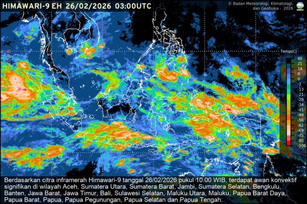 Citra inframerah Himawari-9 per Kamis (26/2/2026) pukul 10.00 WIB yang menunjukkan awan koventif di sejumlah wilayah. (Foto: BMKG)