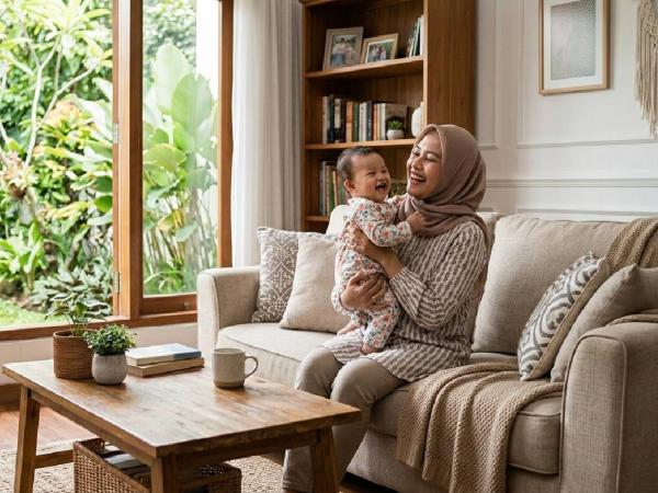 Ilustrasi ibu dan bayi Ilustrasi ibu dan bayi bahagia, karena kesehatan mental terjaga. (Foto: Ilustrasi AI)