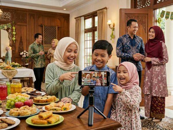 Ilustrasi ngonten di momen Lebaran. (Foto: Ilustrasi AI)