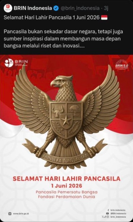 Unggahan X BRIN Unggahan gambar Garuda Pancasila pada akun X @brin_indonesia. (Foto: Istimewa