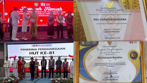 RSU Harapan Bersama Rumah Sakit Umum Harapan Bersama Singkawang menerima piagam penghargaan dari Pemprov Kalbar dan Pemkot Singkawang dalam momen Hari Kemerdekaan ke-81 RI. (Foto: dok ist)