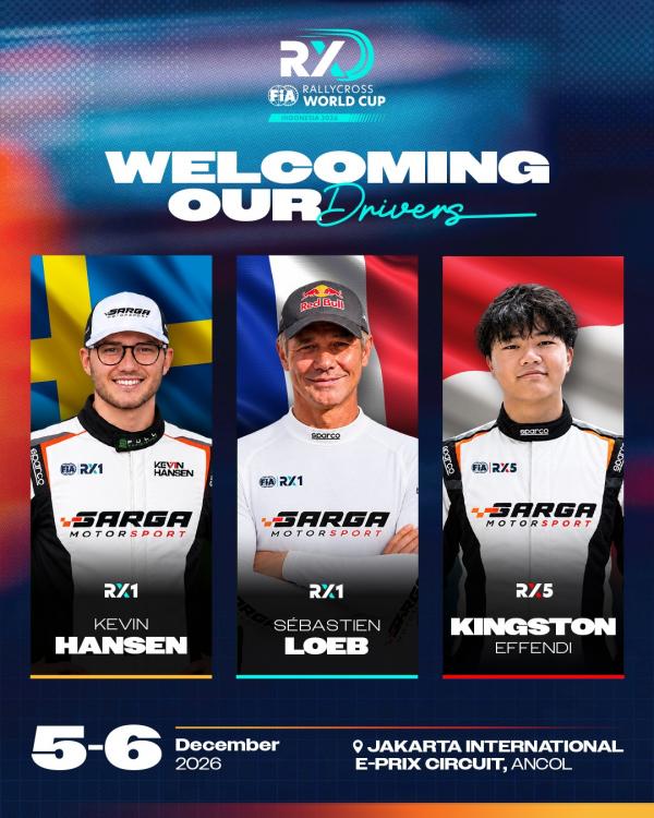 Sarga Motorsport Sébastien Loeb, Kevin Hansen, dan pembalap Indonesia 14 tahun Kingston Effendi akan memperkuat Sarga Motorsport di FIA Rallycross World Cup 2026 di Jakarta. (Foto: IST)