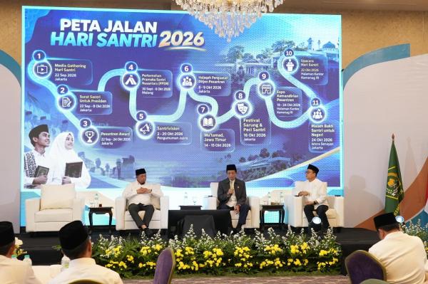Hari Santri 2026 Kementerian Agama (Kemenag) meluncurkan logo dan tema Hari Santri 2026, Santri Menguatkan Negeri Menuju Indonesia Emas, di Jakarta, Selasa (22/9/2026). (Foto: Kemenag)