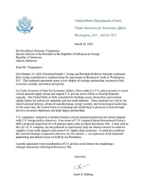 Surat resmi tertanggal 26 Maret 2026 dari Jacob S. Helberg, Under Secretary of State for Economic Affairs, Departemen Luar Negeri Amerika Serikat, Washington, D.C., yang dialamatkan kepada Purnomo Yusgiantoro, Penasihat Khusus Presiden Republik Indonesia bidang Energi. Direproduksi dari salinan dokumen asli.