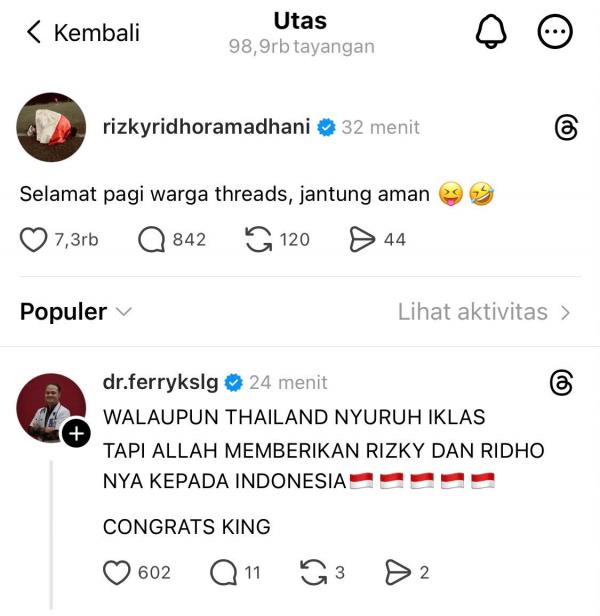 Rizky Ridho w Rizky Ridho menyapa netizen dengan pertanyaan “jantung aman?” setelah Timnas Indonesia melewati final dramatis melawan Thailand dan juara FIFA ASEAN Cup 2026. (Foto: Threads)