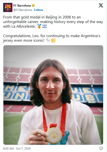 Barcelona Barcelona mengirim pesan emosional usai Lionel Messi resmi pensiun dari Timnas Argentina. (Foto: X @FCBarcelona)