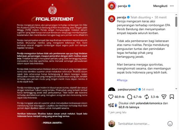 Pernyataan Persija Jakarta yang diunggah di Instag Pernyataan Persija Jakarta yang diunggah di Instagram resmi klub, Senin (12/10/2026). (Foto: Instagram)