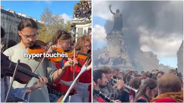 Orkestra di Demo Paris Orkestra di Demo Paris memainkan lagu The Hanging Tree. (Foto: X)