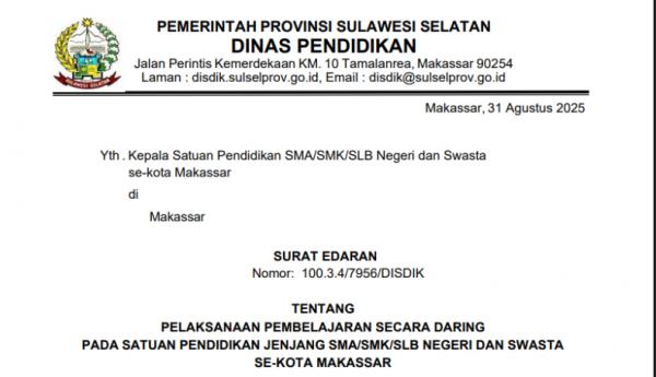 Disdik Sulsel Keluarkan Edaran Pembelajaran Daring, Imbau Siswa Tidak Ikut Demo