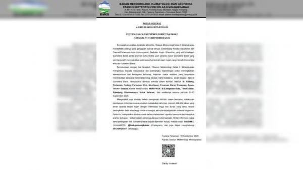 BMKG Tetapkan Agam dan Delapan Daerah di Sumbar Siaga Cuaca Ekstrem 11–13 September
