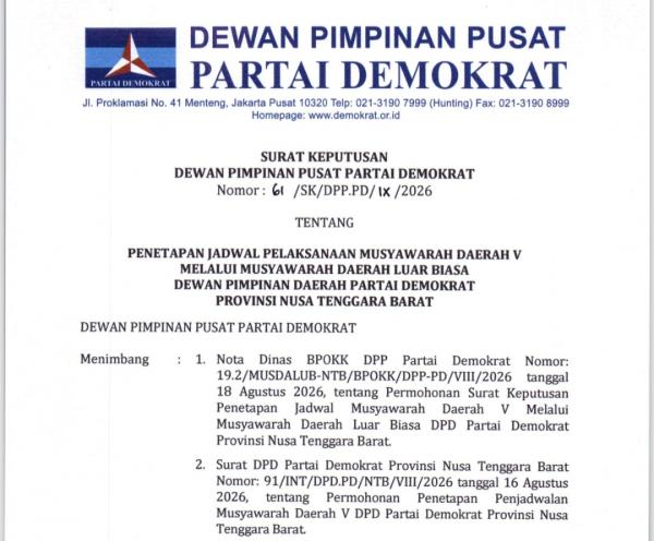 Beredar SK DPP Demokrat tentang Musda V DPD Demokrat NTB Digelar 18 September