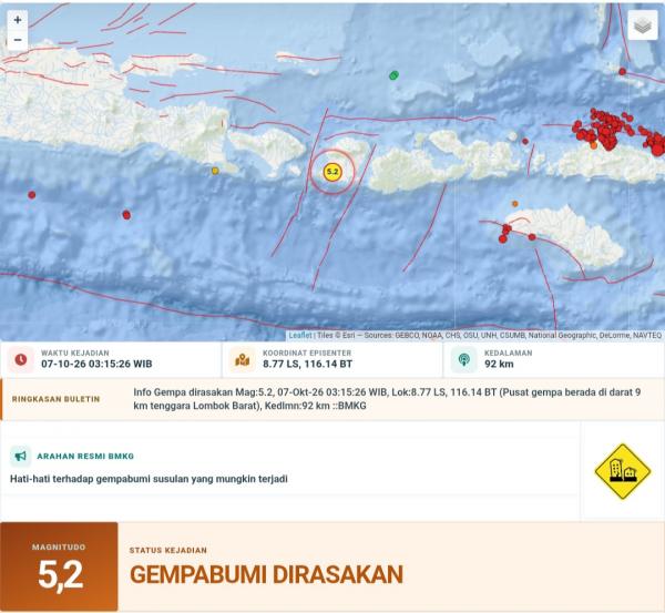 Gempa M5,2 Guncang Lombok Barat Rabu Dini Hari, Getaran Terasa hingga Mataram