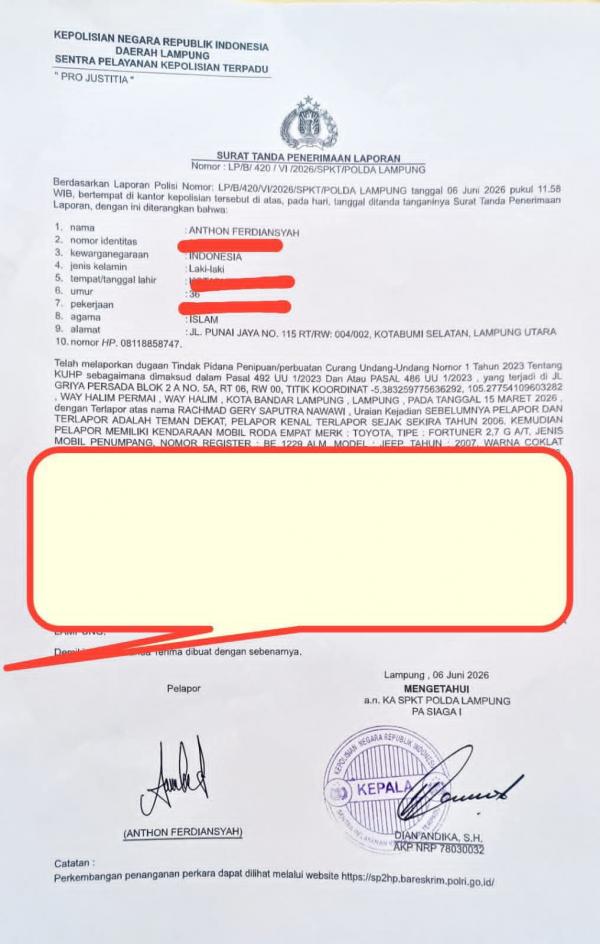 Fortuner Tak Dibayar, Ketua KPU Lampura Lapor Polisi, Terduga Pelaku Kabur Saat Hendak Ditangkap