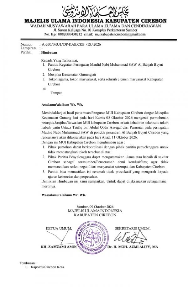 Jelang Maulid di Al Bahjah Buyut, MUI Cirebon Keluarkan Imbauan soal Penceramah