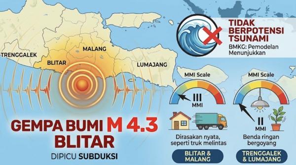 Gempa Blitar M 4,3 Guncang Malang dan Trenggalek, BMKG: Tak Berpotensi Tsunami