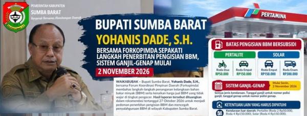 Mulai 2 November 2026, Pemkab Sumba Barat Terapkan Sistem Ganjil Genap Pembelian BBM Subsidi