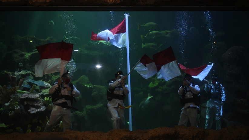 Unik, Penyelam Gelar Upacara HUT ke-75 RI di Dalam Akuarium - Bagian 1