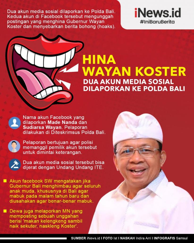 Infografis Hina Wayan Koster, 2 Akun Media Sosial Dilaporkan ke Polda Bali
