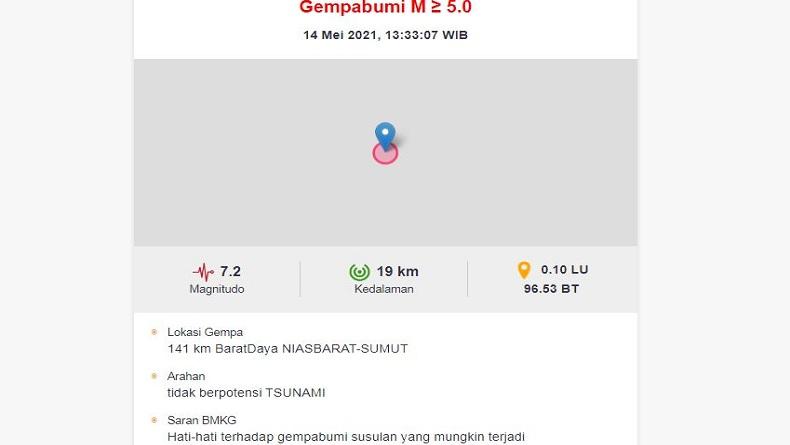 Gempa Magnitudo 7,2 di Nias Barat Terasa hingga Aceh