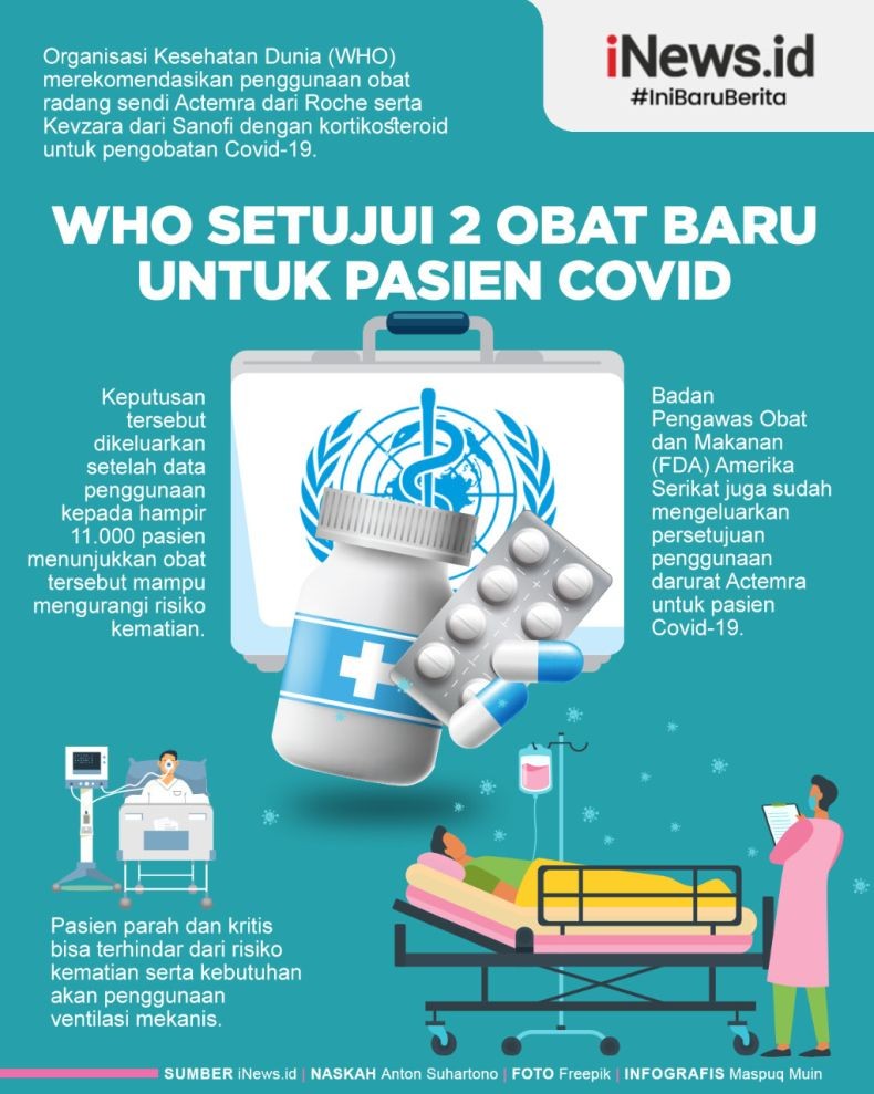 Infografis WHO Setujui Obat Actemra dan Kevzara untuk Pasien Covid