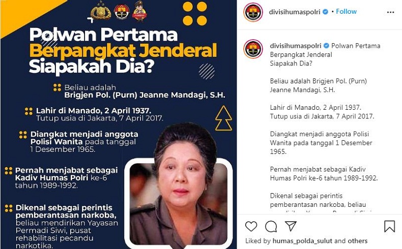 Jeanne Mandagi, Srikandi Sulut yang Menjadi Polwan Pertama Berpangkat Jenderal