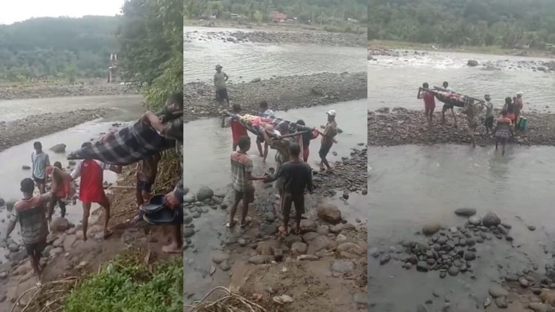 Dramatis Evakuasi Ibu hamil Seberangi Sungai Cirompang di Bungbulang Garut