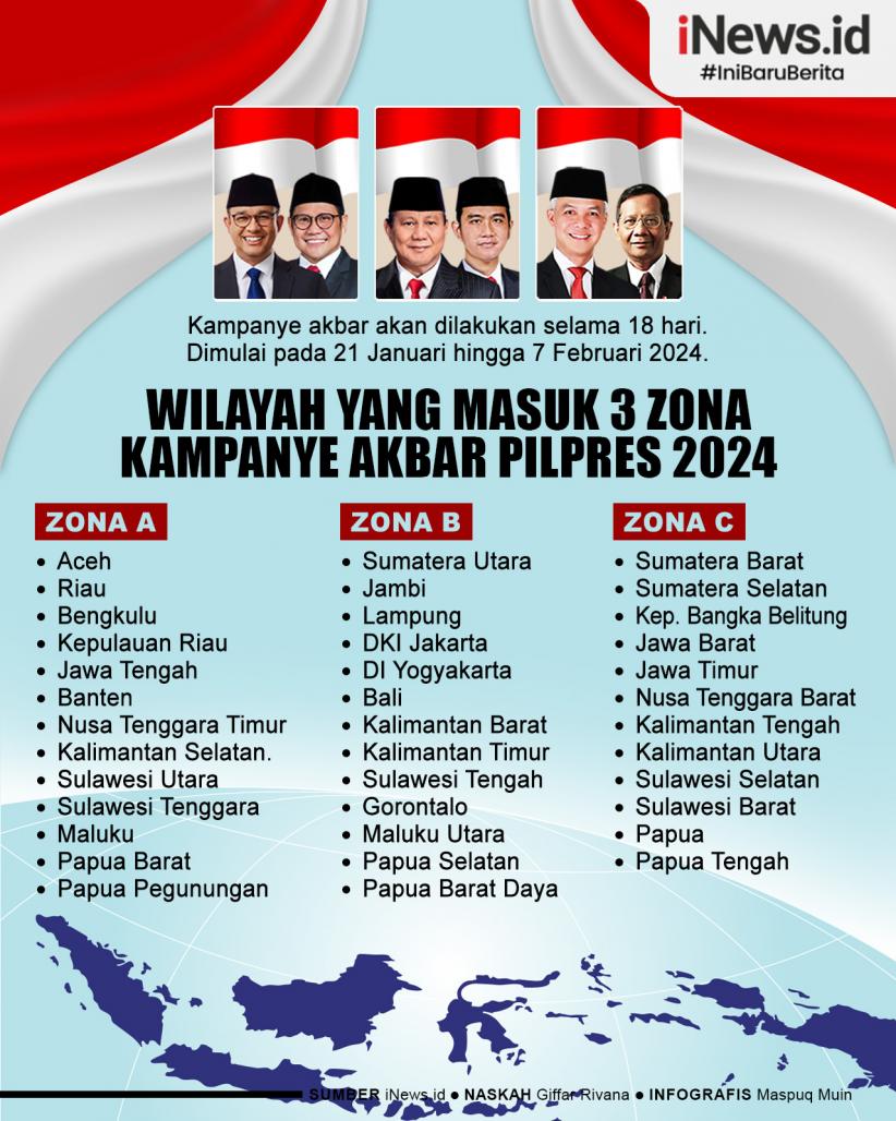 Infografis Daftar Wilayah yang Masuk 3 Zona Kampanye Akbar Pilpres 2024 